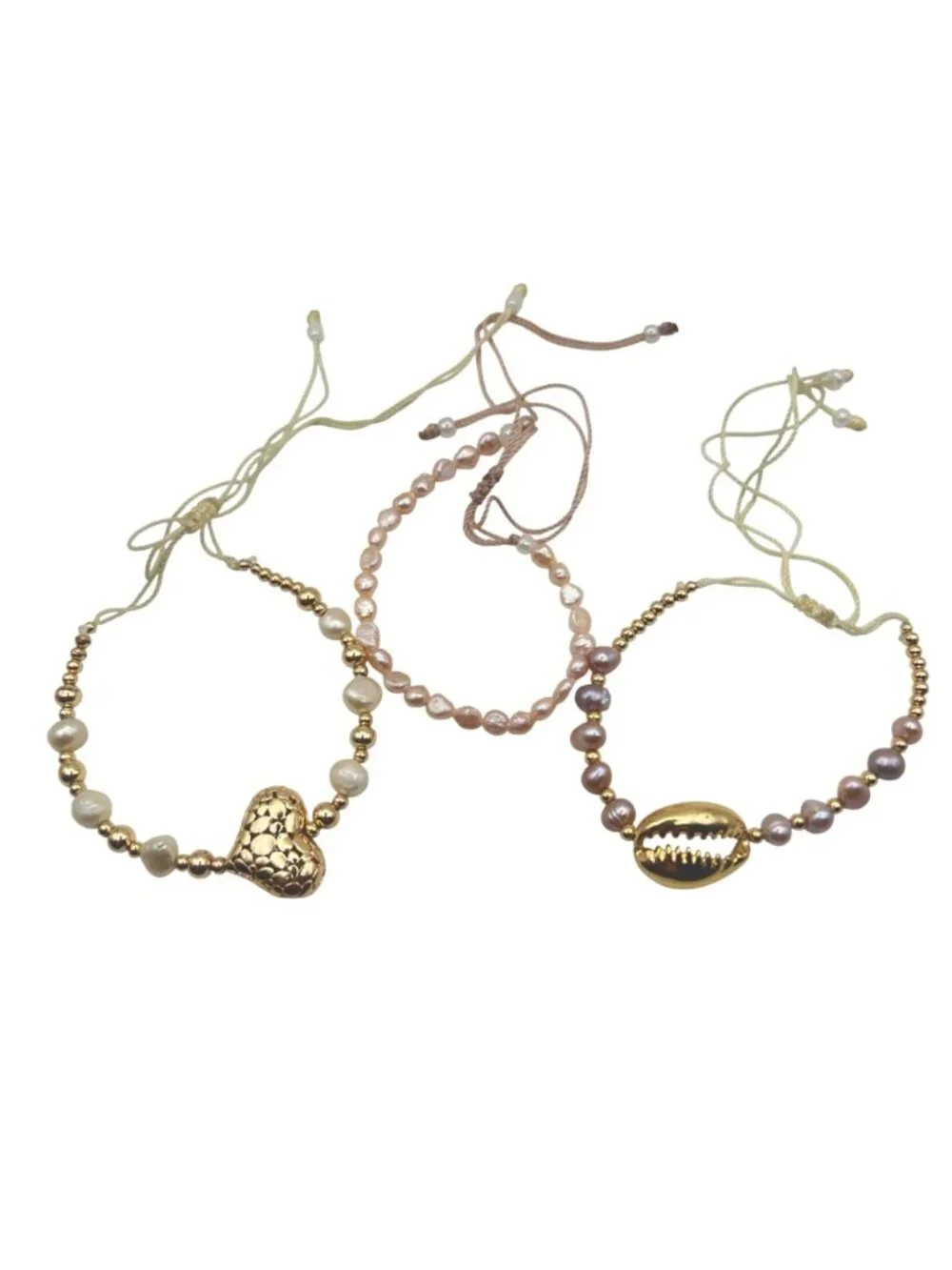 Set 3 Adjustable Bracelets Freshwater Pearls Gold Tone Pastel Pink Cowrie Heart - Picture 5 of 14